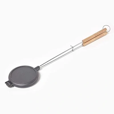 Image of HOMESCAPES Cast Iron Waffle for Open Flame BBQ &amp; Camping Round Pan with Wooden Handle 82 cm Long
