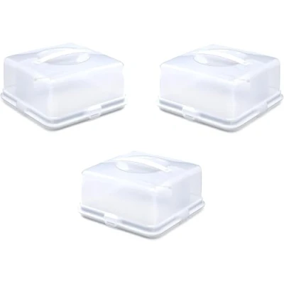 Image of Airtight BPA free Plastic Reusable Storage Cake Box Portable Takeaway Food Container with Lid Carrier Handle Lockable Cover Multipack (Plastic, Three Pack Square)