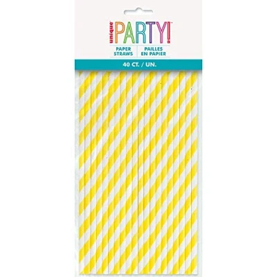 Image of Unique Party 63706 Neon Yellow Striped Paper Straws, Pack of 40