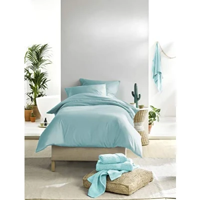 Image of De Witte Lietaer Olivia Quality Satin Combed Cotton Duvet Cover Set, Turquoise/Sea Angel, 140 x 200 cm + 1 Pillowcase