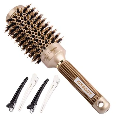 Image of FIXBODY Round Barrel Nano Thermal Ceramic Coating &amp; Ionic Tech Hair Brush with Boar Bristles, for Blow Drying, Styling, Curling, Straightening(3 Inch, 1.7 Gold)