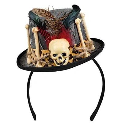 Image of Boland Mini Top Hat Voodoo Freda Tiara Ladies with Bones and Feathers Decorations, Grey Perfect for Halloween Themed Parties