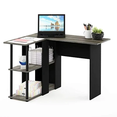 Image of Furinno Abbott L Shape Writing Desk, Computer Desk with Bookshelf, French Oak/Black, 104.5 (W) x 73.51 (H) 87.5 (D) cm