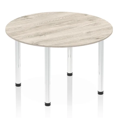 Image of Impulse 1200mm Round Table Grey Oak Top Chrome Post Leg