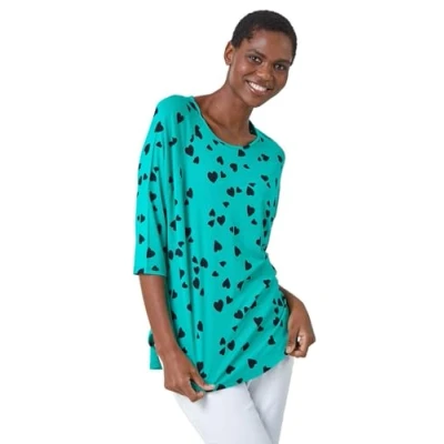 Image of Roman Womens Heart Print Blouson Top Green Viscose Size 10 UK