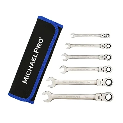 Image of MichaelPro MP001157 6 Piece, Flexible Head Ratchet Spanner Set, Wrench Flex Ratchet, Metric, 180 Degree Open End Head, with Roll Pocket