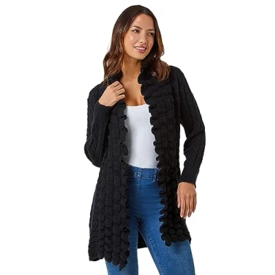 Image of Roman Womens Longline Ruffle Detail Cardigan Black Size 16 UK
