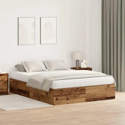 Image of vidaXL Wooden Storage Bed Frame Rustic Reclaimed Double with for Bedroom 150x200 cm, Weathered Brown Finish