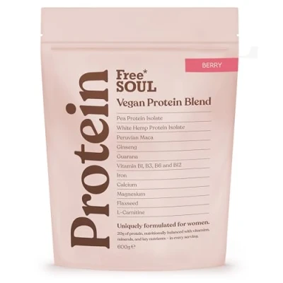 Image of Free Soul Vegan Protein Powder Formulated for Women 600g 20g with Added Nutrients Gluten &amp; Soy Plant Based Nutrition Shake Pea and Hemp Isolate (Berry)