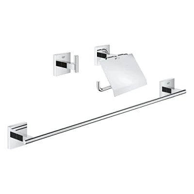 Image of GROHE Start Cube 3 in 1 Toilet Accessories Set Roll Holder, Brush, Robe Hook (Metal and Glass, with Screws Dowels), Extra Easy to fit QuickGlue, Chrome, 41123000