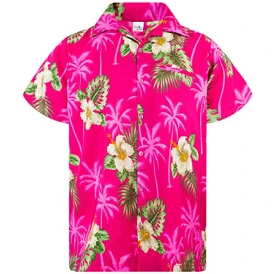 Image of King Kameha Men&#039;s Floral Shirts Hawaiian Style Short Sleeve Summer Casual, Small Flower, Magenta Pink, XS