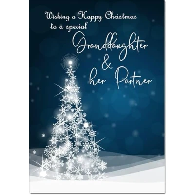 Image of doodlecards Granddaughter and Partner Christmas Card Blue Contemporary Tree Medium Size for &amp; with Plain Envelope