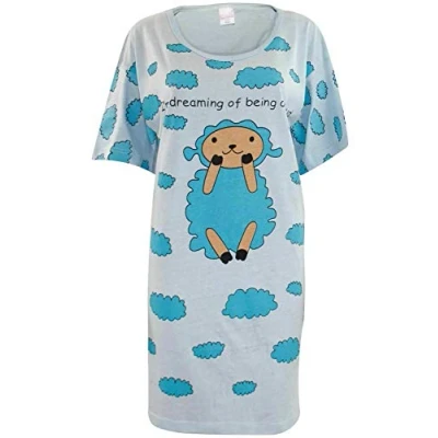 Image of True Face Ladies Nightdress Night Shirt Dress Womens Nighties Nightshirt Pyjamas Cotton Lamb (Sky, One Size)