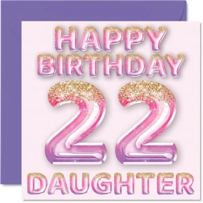 Image of 22nd Birthday Card for Daughter Pink &amp; Purple Glitter Balloons Happy Cards 22 Year Old from Mum Dad Parents, 145mm x Bday Greeting Gift
