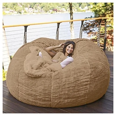 Image of REOTEL Soft Giant Bean Bag Chair Cover Breathable And Comfortable for Adult Living Room Light Big Round Fluffy Faux Fur BeanBag Lazy Sofa (No Filler),Khaki,7FT