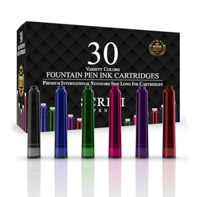 Image of SCRIVI PENS Fountain Pen Ink Refills Set of 30 Assorted Cartridges International Standard Size Length APPR 2.04 Inch Base Diameter 0.24 Disposable and Generic