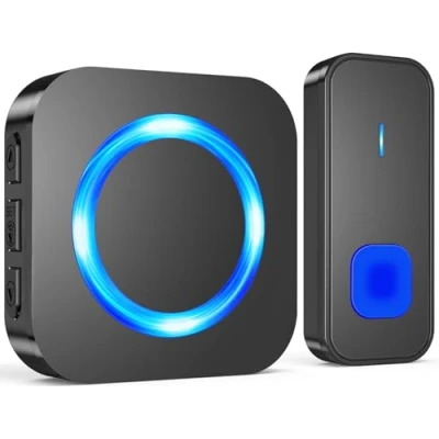 Image of SURFOU Wireless Doorbell, Plug in Waterproof Battery Operated Cordless Electric Door Bell Chime Kit Operating at 1,300 Feet / 400M Long Range with 55 Ringtones 5 Volume and LED Flash, Black