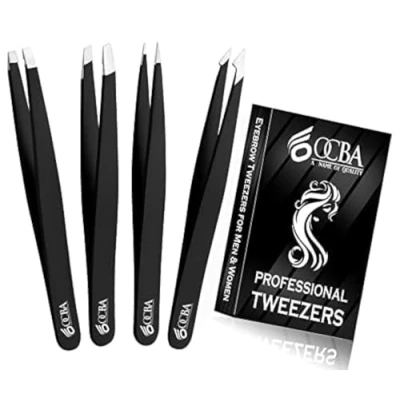 Image of OCBA 4 Pcs Black Tweezers for Facial Hair Women &amp; Men Precise Grooming of Eyebrows Professional Stainless Steel Color Coated Eyebrow Ingrown on Nose Ear (Black)