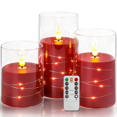 Image of Da by led Candle Red with Remote Control Timer Battery Light String, plexiglass Column 10cm, 12.5cm, 15cm Realistic