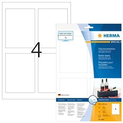Image of HERMA Self Adhesive Bottle Labels, 4 Labels per A4 Sheet, 10 Sheets, 90 x 120 mm, 40 Blank High Gloss Stickers, Sticky Photo Quality for Inkjet Printer, White