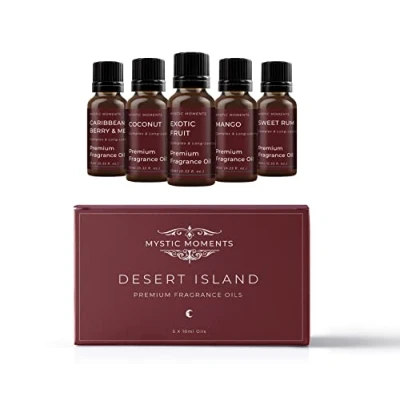 Image of Mystic Moments Desert Island Fragrance Oil Gift Starter Pack 5x10ml Caribbean Berry &amp; Melon, Coconut, Exotic Fruit, Mango, Sweet Rum Perfect as a