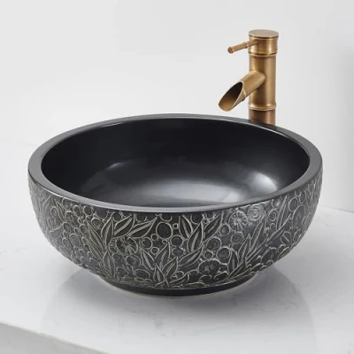 Image of NATURFLAIR FCH141 Bathroom Ceramic Wash Basin, Countertop Washbasin, Round 420 x 160 mm, Handmade Basin