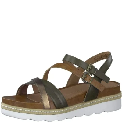 Image of Marco Tozzi Women&#039;s 2 28724 20 Leather Wedge Sandal, Khaki Comb, 6.5 UK
