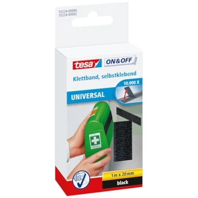 Image of tesa on &amp; Off General Purpose Stick Tape Self Adhesive Hook Loop for Quick Fastening of Light Objects Black, 2 cm x 100
