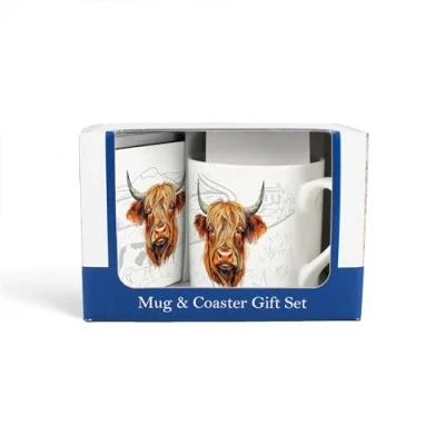 Image of Mug &amp; Coaster Gift Set Country Farm Highland Cow Bone China and Cork Tea/Coffee Present