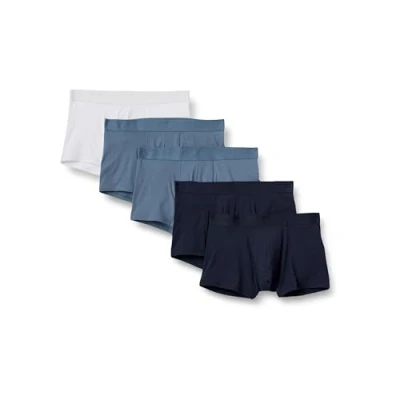 Image of Amazon Essentials Men&#039;s Cotton Jersey 5&quot; (12.7cm) Boxer Brief, Pack of 5, Blue/Navy Blue/White, S