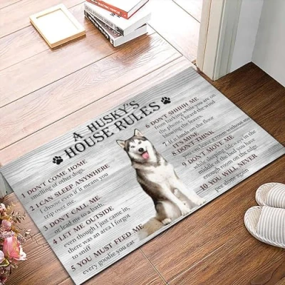 Image of Bioputty Indoor Door Mat Husky House Rule Welcome Non Slip Mats Funny Dog Doormat Decor for Bathroom Kitchen Front Porch Rugs Home Entrance 18x30 inch
