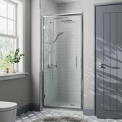Image of Diamond® 900mm Hinged Shower Door for Wet Room Cubicle Enclosures, 8mm Toughened Safety Glass Space Saving, Framed, Polished Chrome