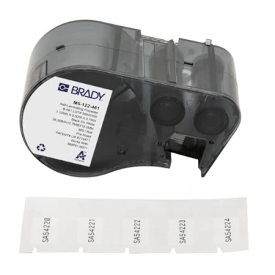 Image of Brady Self Laminating Polyester Pre Sized Labels for Label Printer BMP51/BMP53/M511 360 Adhesive Black on White, Transparent (28,58 mm (W) x 12,70 (H)) M5 122 461