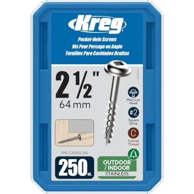 Image of Kreg SML C250S5 250 Stainless Steel Pocket Hole Screws 2 1/2 Inch, 10 Coarse, Washer Head, count