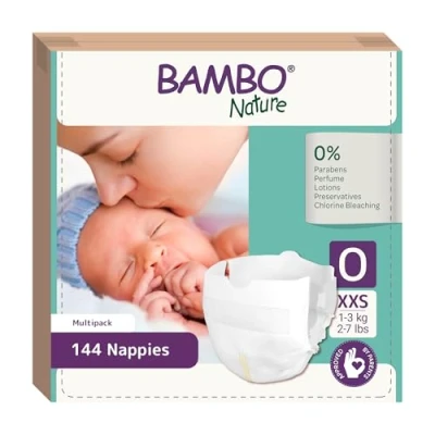 Image of Bambo Nature Premium Eco Nappies, Premature Size 0 (2 7lb/1 3kg) Pack of 144, XXS