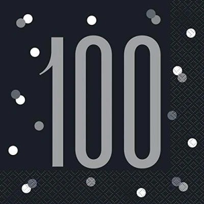 Image of Unique 83552 Black Polka Dots 100th Birthday Luncheon Napkins Disposable 16 Pcs, Age 100