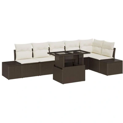 Image of vidaXL 7 Piece Garden Sofa Set with Cushions Brown Poly Rattan