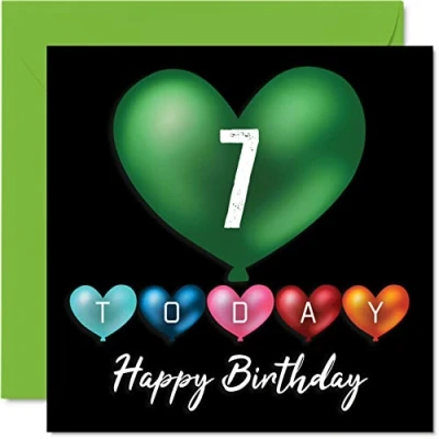 Image of Fun 7th Birthday Cards for Boys Girls Heart Balloons Happy Card Son Daughter Brother Sister Grandson Granddaughter Niece Nephew Cousin, 145mm x Greeting