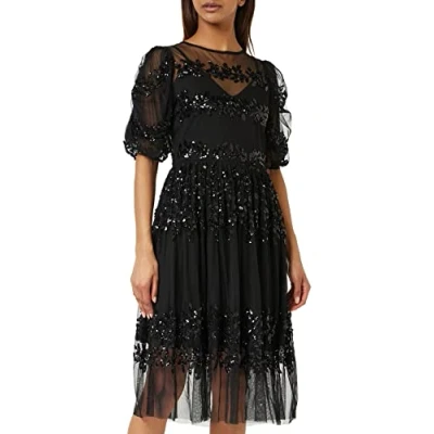 Image of Maya Deluxe Womens Midi Dress Ladies Sequin Embellished Short Sleeve for Wedding Guest Bridesmaid Prom Ball Evening Occasion Black Size 12 UK
