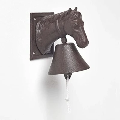 Image of HOMESCAPES Cast Iron Horse Door Bell Traditional Decorative Hanging With Horses Head Wall Mounted Rustic Style
