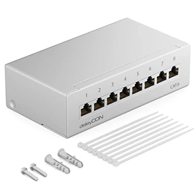 Image of deleyCON CAT 6 Patch Panel Distribution 8 Port 1 HE Desktop &amp; Wall Mounting Shielded 8x RJ45 Socket LAN Network Installation Cable TIA568A TIA568B RAL 7035 Light Grey