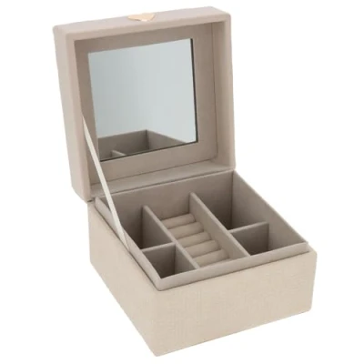 Image of Shudehill Giftware Rox Box One Tier Jewellery Rings, Earrings, Bracelet and Necklace Storage in Oyster Beige/Cream Square with Mirror Gold Heart