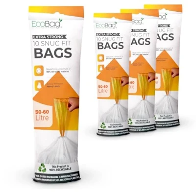Image of EcoBag 40 Pack White Kitchen Drawstring Bin Liner 50 60L 28 Microns Heavy Duty, Extra Strong, Brabantia Compatible, Eco Friendly, Tear Resistant, Clear Recycling Bags (620 x 810mm)