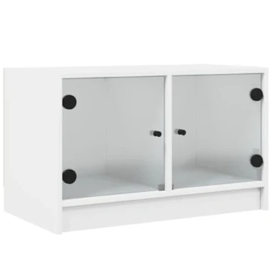 Image of vidaXL White TV Cabinet with Glass Doors Engineered Wood Media Stand for Living Room 68x37x42 cm, Modern Storage Unit