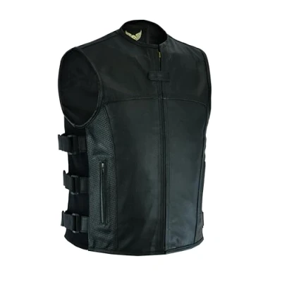 Image of Leatherick Men&#039;s Motorcycle Warrior Style Tactical Leather Waistcoats Biker Vests (2XL, (Perforated Pockets))