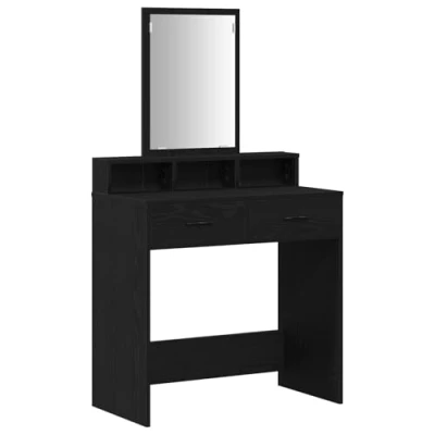 Image of vidaXL Vanity Table Dressing Desk with Storage &amp; Mirror Black Oak Finish MDF Glass 79 x 41 140 cm Ideal for Bedroom