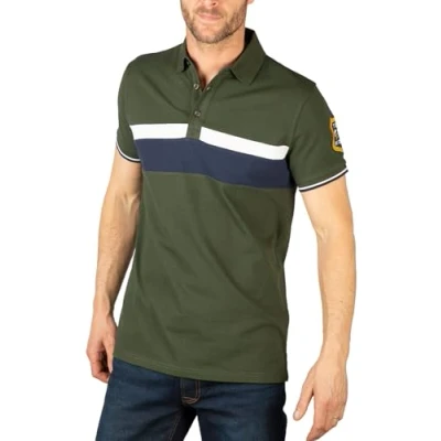 Image of Men’s Short Sleeved Panelled Polo Shirt Embroidered Cotton Sports T (UK, Alpha, 3XL, Regular, Dark Olive)