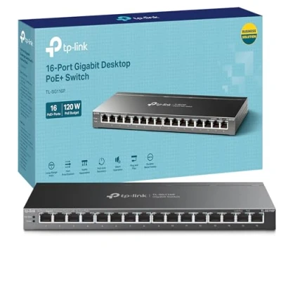 Image of TP Link 16 Port Gigabit Desktop Switch with PoE+, Auto Recovery, 120 W Budget, Transmission Distance up to 250 m, Compliance IEEE 802.3af/at, Durable Metal Casing,Plug and Play(TL SG116P)