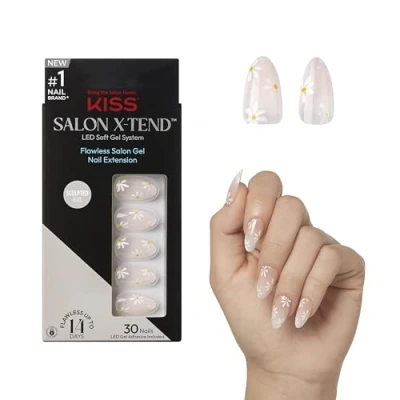 Image of KISS Salon X tend Glue On Decorated Nails, Red Flag, Nail Included Light Pink, Medium Size, Almond Shape, 34 Ct.
