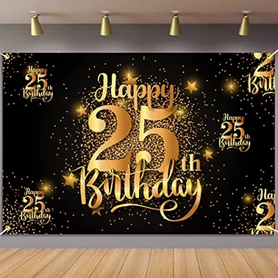 Image of Happy 25th Birthday Backdrop Banner Step and Repeat 25 Years Old Background Decorations for Women Men Her Him Photography Party Supplies Glitter Black Gold